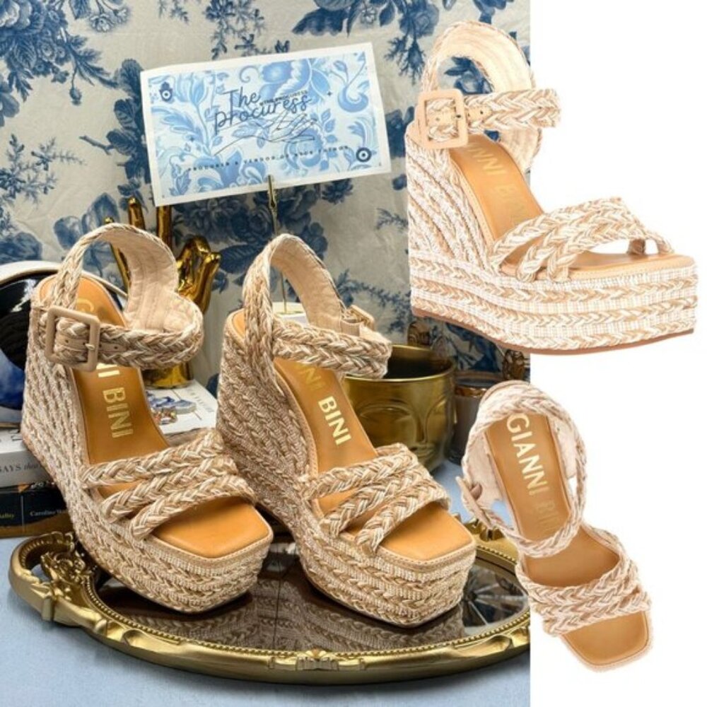🆕 GIANNI BINI 🧿 NWOB Santi Woven Beaded Wedge Sandal - Neutral Woven Sz US 7.5